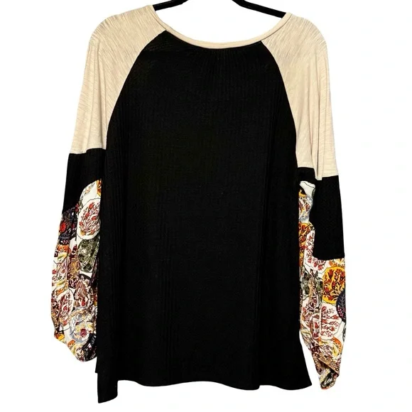 Umgee Oversized Waffle Knit Ballon Sleeve Mixed Media Bohemian Blouse Top - Picture 6 of 10